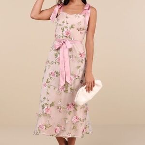 Lulus Authentic Sweetness Pink Floral Applique Tie-strap Midi Dress - Size XL